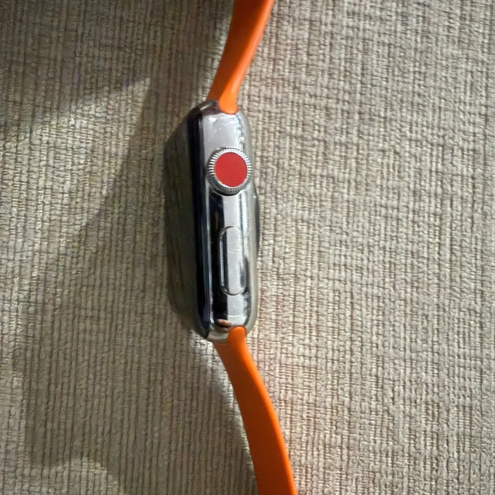 HERMES APPLE WATCH 42MM SERIES 3 Sapphire Crystal Face SS Case Orange M/L Band.
